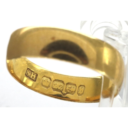 3 - 22ct gold band (cut), 2.3g, with a 9ct gold signet ring, size J/K, 0.8g, slightly off round. P&P Gro... 