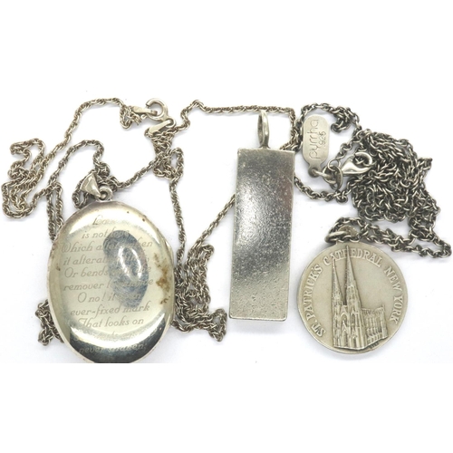 41 - 925 silver ingot pendant with two further 925 silver pendants on 925 chains, combined 39g. P&P Group... 