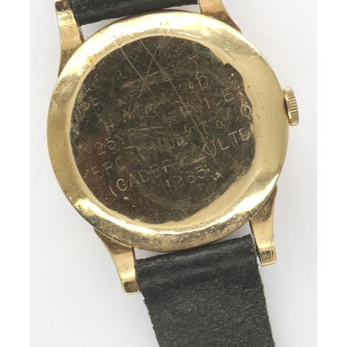 55 - Smiths: Everest gents 9ct gold fifteen jewel wristwatch on leather strap, works for a second then st... 