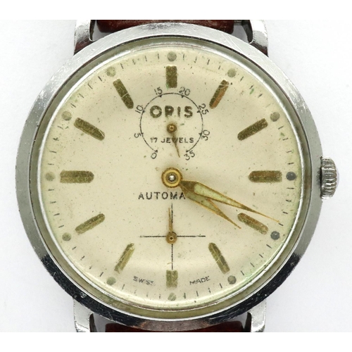 57 - Oris: automatic 17 jewels wristwatch, on brown leather strap, working at lotting. P&P Group 1 (£14+V... 