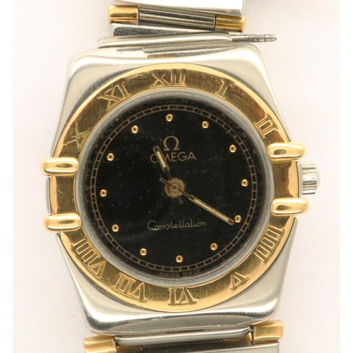 64 - Omega: Constellation ladies wristwatch, gold and steel cased with graduated bracelet, black dial wit... 