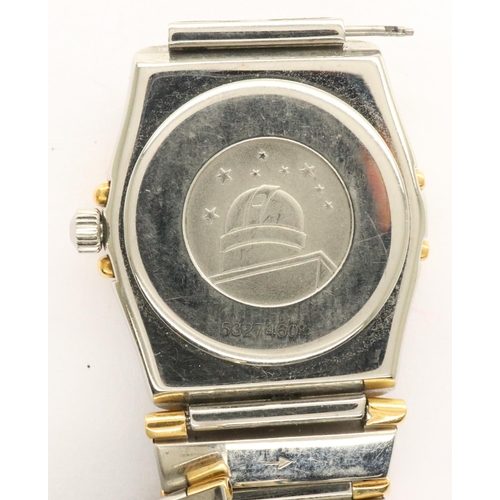 64 - Omega: Constellation ladies wristwatch, gold and steel cased with graduated bracelet, black dial wit... 