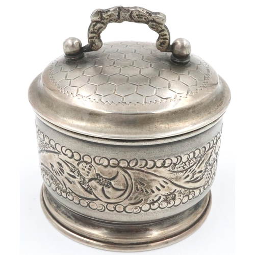 69 - Lidded pot with impressed decoration, stamped sterling silver, H: 60 mm, 39g. P&P Group 1 (£14+VAT f... 