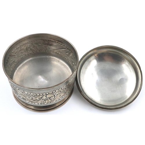 69 - Lidded pot with impressed decoration, stamped sterling silver, H: 60 mm, 39g. P&P Group 1 (£14+VAT f... 