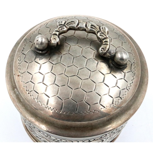 69 - Lidded pot with impressed decoration, stamped sterling silver, H: 60 mm, 39g. P&P Group 1 (£14+VAT f... 