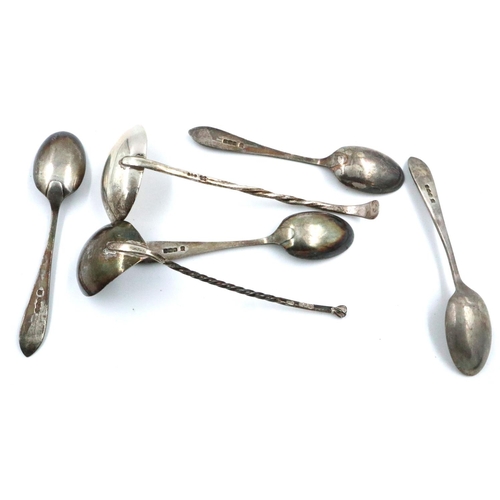 89 - Hallmarked silver condiment ladle, Edinburgh assay, with a further smaller example and a set of four... 