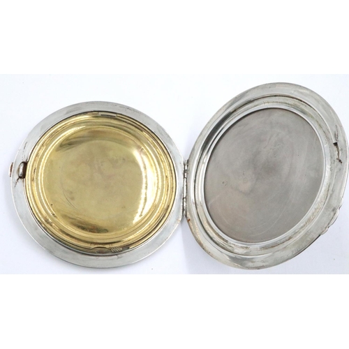 90 - Hallmarked silver compact, Birmingham assay 1935 with metal fitting, D: 90 mm. No internal mirror. P... 