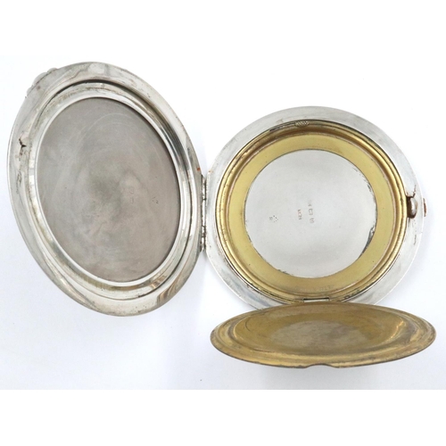 90 - Hallmarked silver compact, Birmingham assay 1935 with metal fitting, D: 90 mm. No internal mirror. P... 