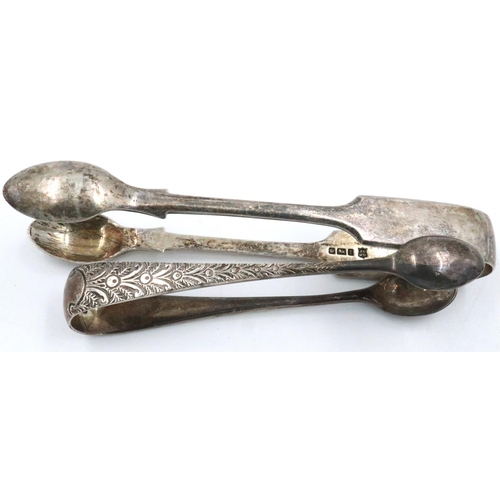 91 - Pair of Victorian hallmarked silver sugar tongs and a further, larger pair, combined 64g. P&P Group ... 