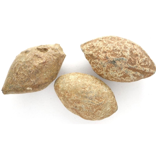 108 - Three Roman lead sling shot projectiles, L: 25 mm. P&P Group 0 (£5+VAT for the first lot and £1+VAT ... 