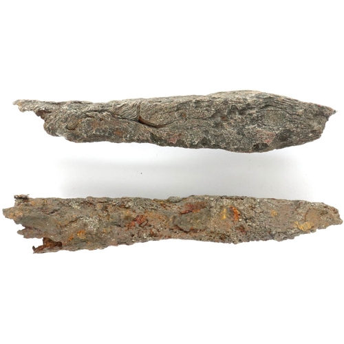 110 - Two Iron Age Scorpio/crossbow bolts, L: 65 mm. P&P Group 0 (£5+VAT for the first lot and £1+VAT for ... 