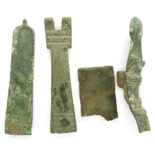 111 - Three bronze Roman Anglo Saxon strap ends, L: 45 mm. P&P Group 0 (£5+VAT for the first lot and £1+VA... 