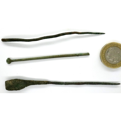 128 - Three Roman medieval implements, probe, spoon, scraper, largest L: 100 mm. P&P Group 0 (£5+VAT for t... 