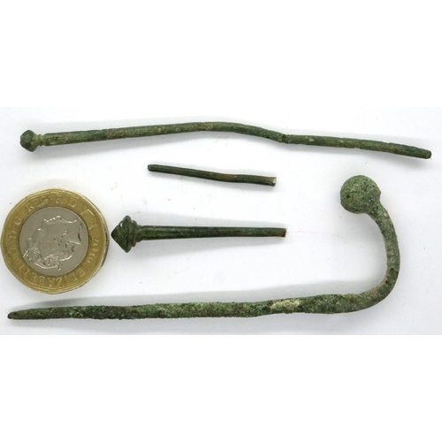 130 - Three Ornate Roman bronze dress pins, largest L: 90 mm. P&P Group 0 (£5+VAT for the first lot and £1... 