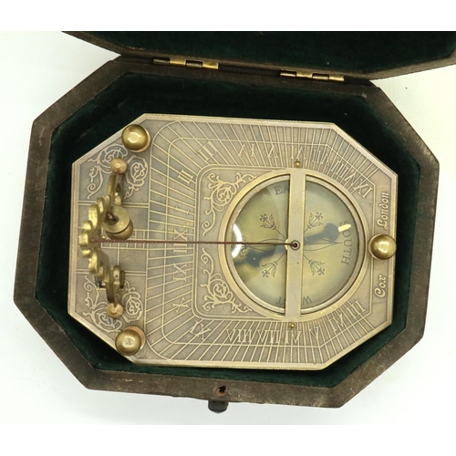 147 - Hardwood boxed sundial compass, marked Cox of London. P&P Group 2 (£18+VAT for the first lot and £3+... 