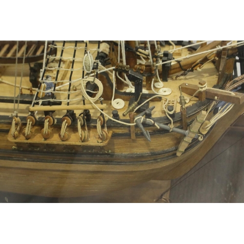 396 - Glass cased handmade wooden model of HMS Bounty armed vessel 1787, museum quality build, 1/60 scale ... 