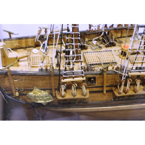 396 - Glass cased handmade wooden model of HMS Bounty armed vessel 1787, museum quality build, 1/60 scale ... 