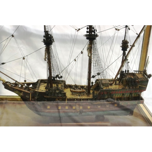 397 - Glass cased handmade wooden model of a 17th century three most sailing ship, museum quality approxim... 