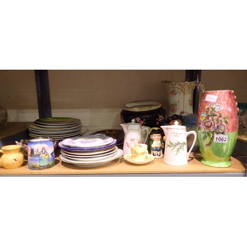 1062 - Shelf of mixed ceramics to include Toby jugs. Not available for in-house P&P