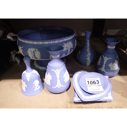 1063 - Three Wedgwood Jasperware stem vases, each H: 14 cm, with commemorative plates (3), and other exampl... 