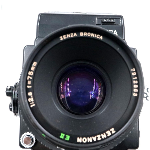 168 - Zenza Bronica medium format camera with 75 mm F2.8 lens with spare film back and eye level view find... 