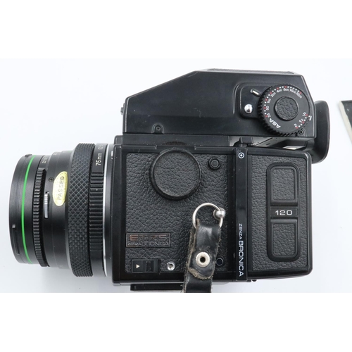 168 - Zenza Bronica medium format camera with 75 mm F2.8 lens with spare film back and eye level view find... 