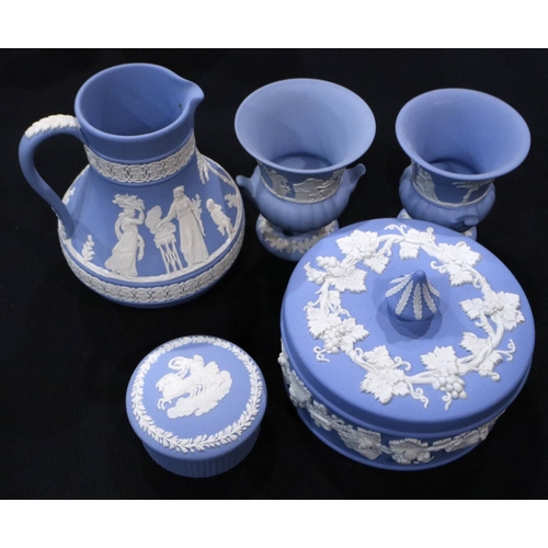 288 - Wedgwood Jasperware lidded powder pot, D: 13 cm, two miniature urn vases, a further lidded pot and j... 