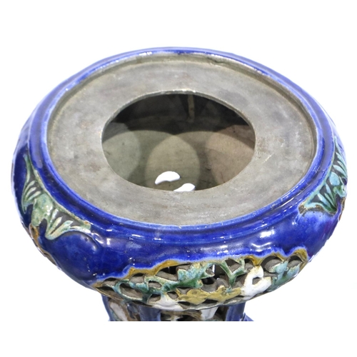 295 - Large blue glazed jardiniere stand, H: 80 cm. Not available for in-house P&P