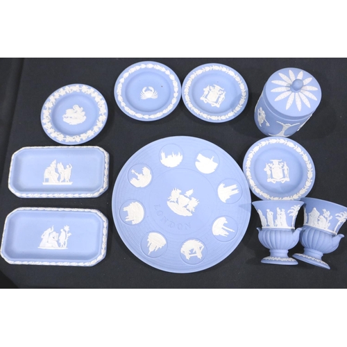 297 - Ten pieces of mixed Wedgwood blue Jasperware largest D: 20 cm, no chips or cracks. Not available for... 