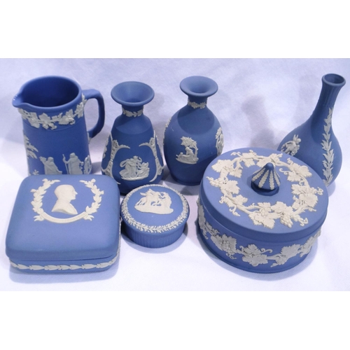 305 - Seven pieces of Wedgwood Jasperware including a jug, largest H: 14 cm, no chips or cracks. P&P Group... 