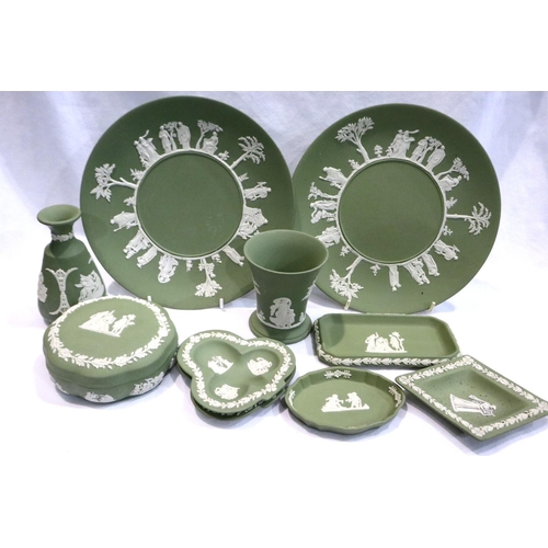 320 - Ten pieces of mixed Wedgwood green Jasperware largest D: 24 cm, no chips or cracks. Not available fo... 