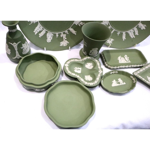 320 - Ten pieces of mixed Wedgwood green Jasperware largest D: 24 cm, no chips or cracks. Not available fo... 