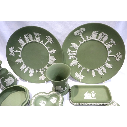 320 - Ten pieces of mixed Wedgwood green Jasperware largest D: 24 cm, no chips or cracks. Not available fo... 