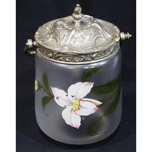 341 - Hand painted enamelled glass biscuit barrel, H: 22 cm. P&P Group 2 (£18+VAT for the first lot and £3... 