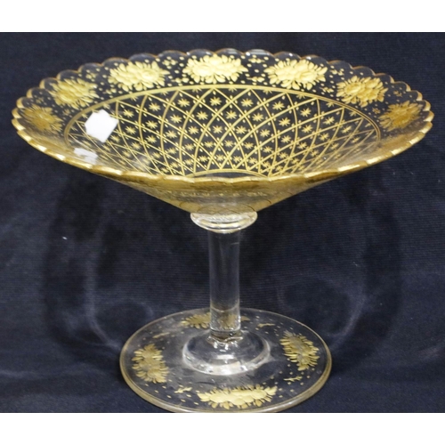 347 - 19th century continental tazza, etched and gilt in the Lobmeyer style, D: 22 cm, H: 16 cm, no cracks... 