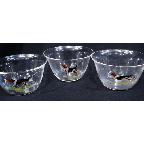 348 - Set of six glass dessert bowls, hand painted with hunting dogs and a fox, some small rim chips, D: 1... 