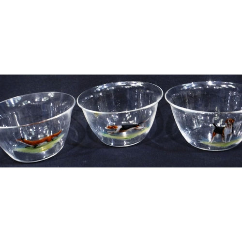 348 - Set of six glass dessert bowls, hand painted with hunting dogs and a fox, some small rim chips, D: 1... 