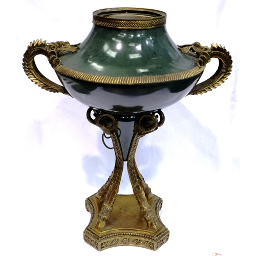 354 - Large brass and ceramic urn with ram head/hoof supports, H: 60 cm (lacking lid). Not available for i... 