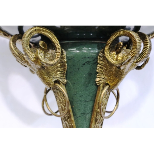 354 - Large brass and ceramic urn with ram head/hoof supports, H: 60 cm (lacking lid). Not available for i... 