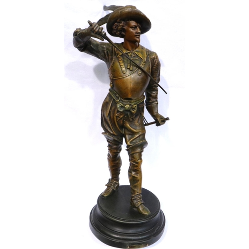 357 - Bronzed spelter cavalier on a metal base, H: 45 cm. P&P Group 3 (£25+VAT for the first lot and £5+VA... 