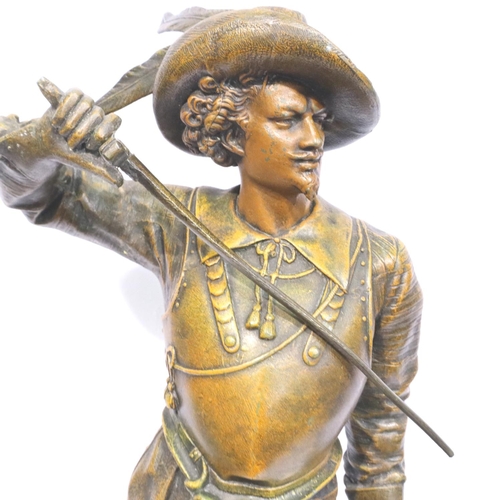 357 - Bronzed spelter cavalier on a metal base, H: 45 cm. P&P Group 3 (£25+VAT for the first lot and £5+VA... 