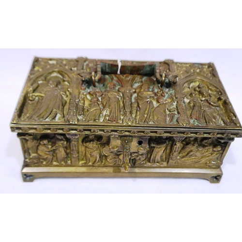 359 - Heavy bronze box with lined interior, decorated with figural scenes, 22 x 12 x 9 cm H, 1170g. P&P Gr... 