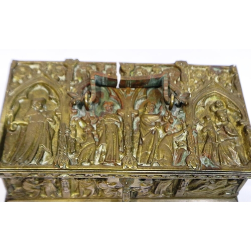 359 - Heavy bronze box with lined interior, decorated with figural scenes, 22 x 12 x 9 cm H, 1170g. P&P Gr... 