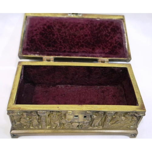 359 - Heavy bronze box with lined interior, decorated with figural scenes, 22 x 12 x 9 cm H, 1170g. P&P Gr... 