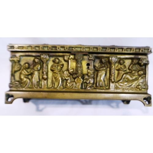 359 - Heavy bronze box with lined interior, decorated with figural scenes, 22 x 12 x 9 cm H, 1170g. P&P Gr... 