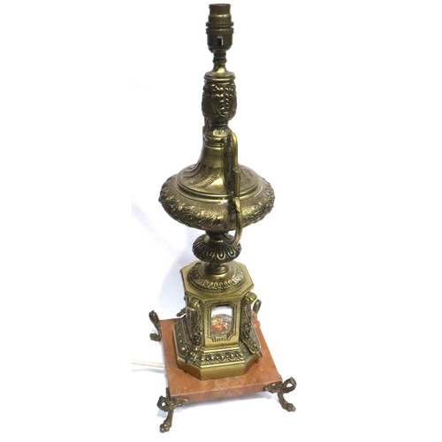 368 - Brass table lamp on a marble base with tile insets, H: 60 cm. All electrical items in this lot have ... 