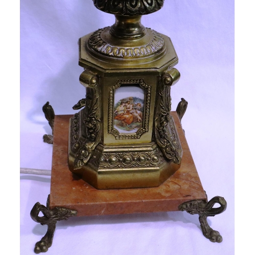 368 - Brass table lamp on a marble base with tile insets, H: 60 cm. All electrical items in this lot have ... 