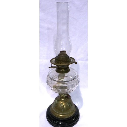 370 - Victorian brass paraffin lamp decorated with storks. Not available for in-house P&P