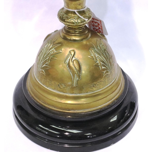 370 - Victorian brass paraffin lamp decorated with storks. Not available for in-house P&P