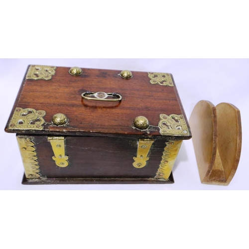 374 - Brass bound oak box 20 x 15 x 12 cm, and a beech letter rack. P&P Group 2 (£18+VAT for the first lot... 